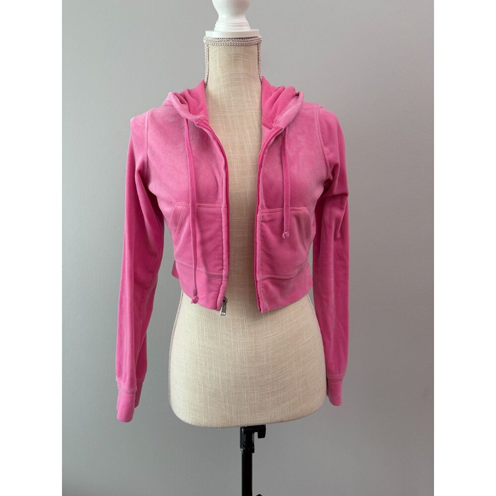 Y2K Hollister Pink Velour Full-Zip Cropped Hoodie Jacket Women's XS Athleisure